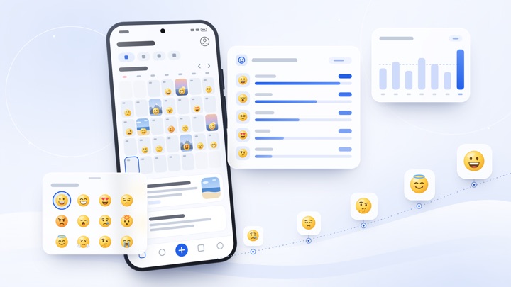 ONEDiary-inspired mood tracking image with a calendar of mood emojis, an emotion ranking card, and a weekday chart