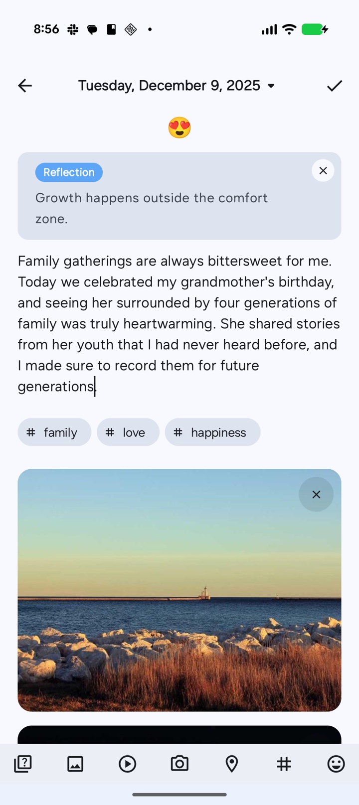ONEDiary diary entry editor with photos, places, and tags